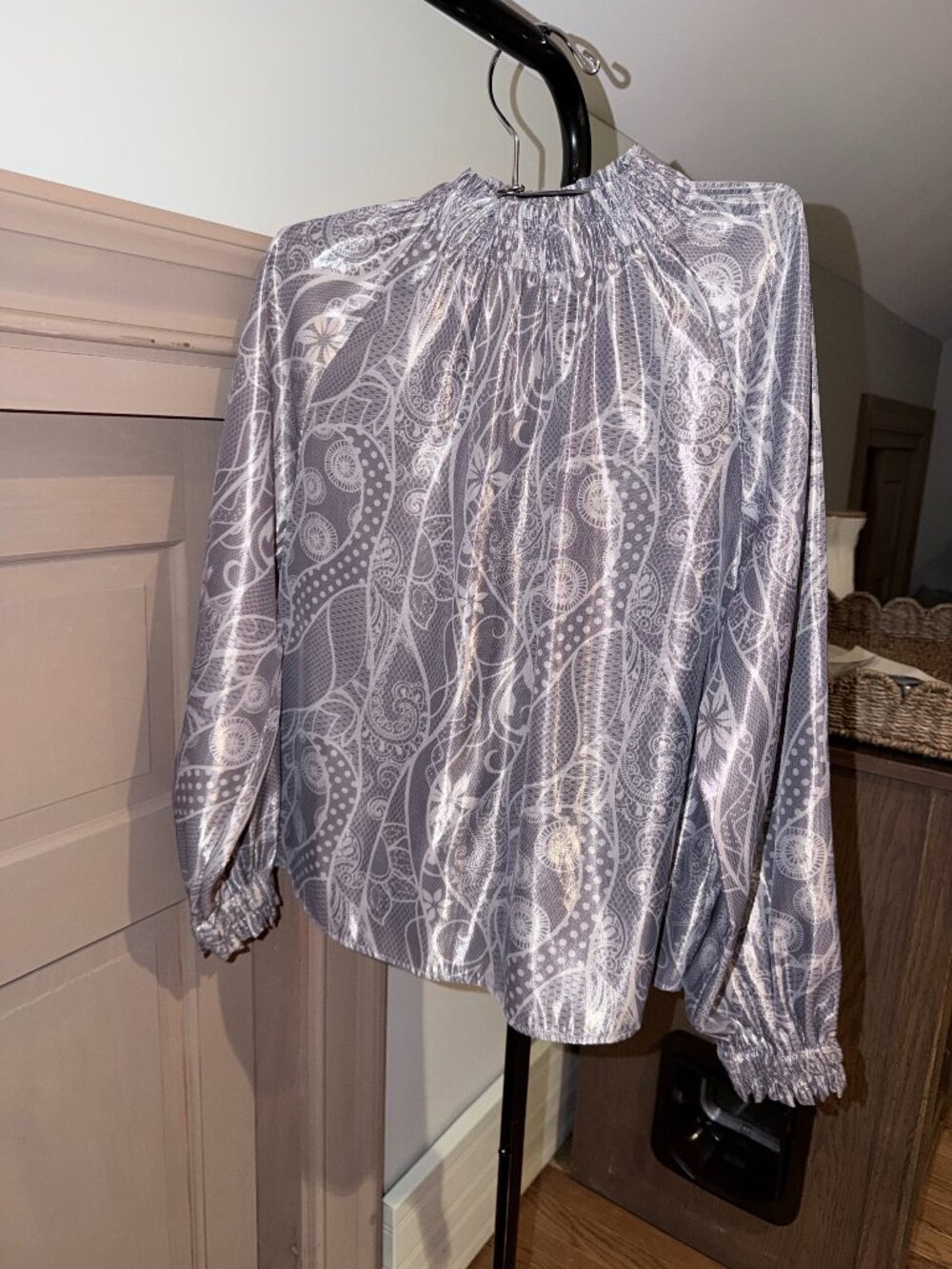 Marie Oliver June Metallic Silver Mock Neck Blouse XS